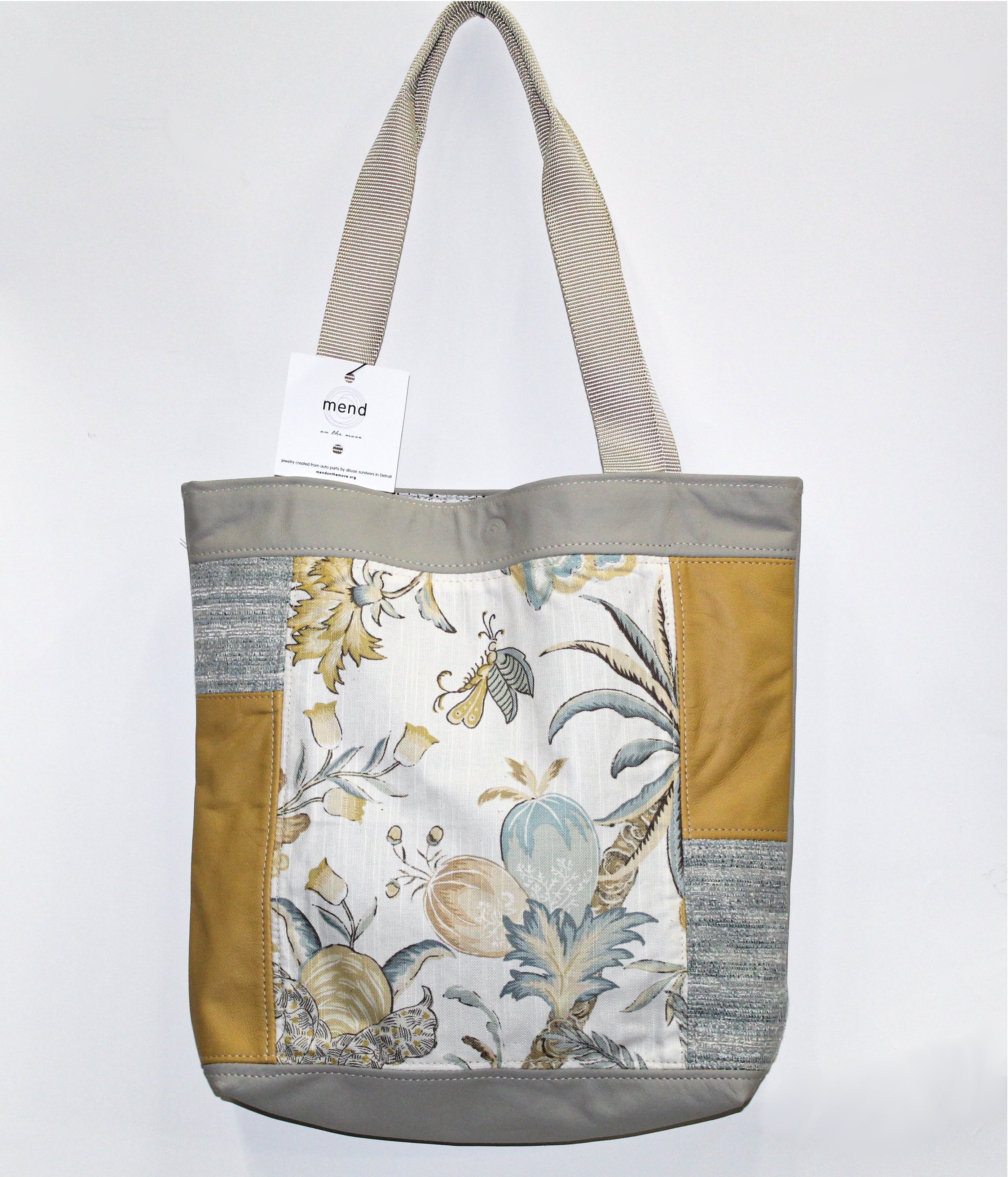 Patchwork Tote | Large Upcycled Auto Leather & Fabric | One of a Kind | Coastal Gold, Denim Blue