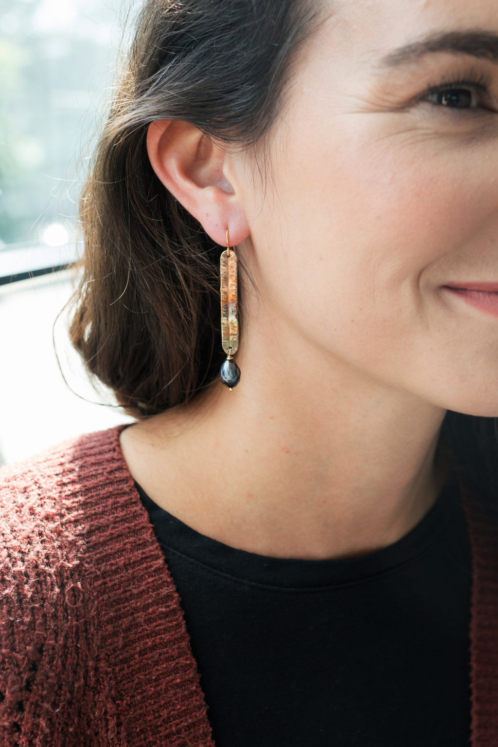 Refined Through Fire Earrings | FW Pearl & Repurposed Auto Copper Brake Line | Gold Plated Ear Wire