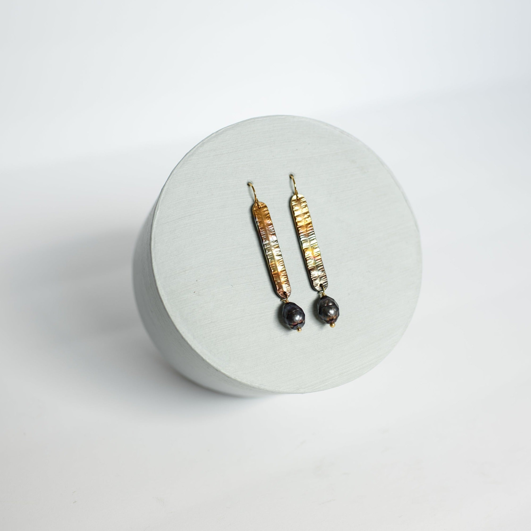 Refined Through Fire Earrings | FW Pearl & Repurposed Auto Copper Brake Line | Gold Plated Ear Wire