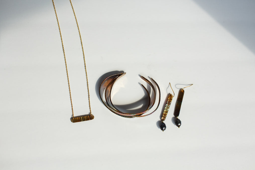 Refined Through Fire Earrings | FW Pearl & Repurposed Auto Copper Brake Line | Gold Plated Ear Wire