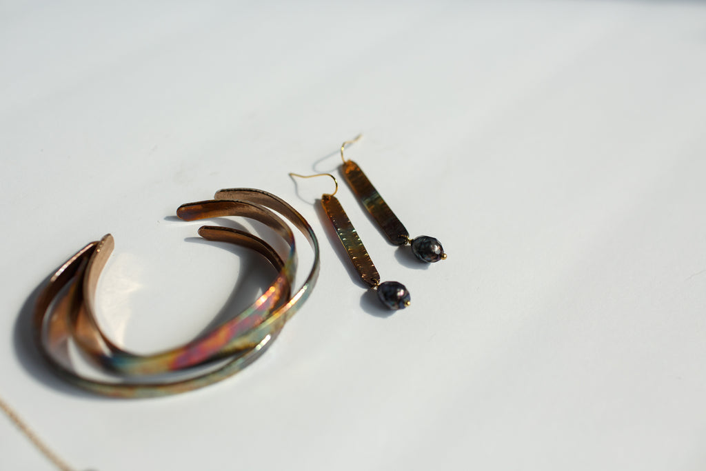 Refined Through Fire Earrings | FW Pearl & Repurposed Auto Copper Brake Line | Gold Plated Ear Wire