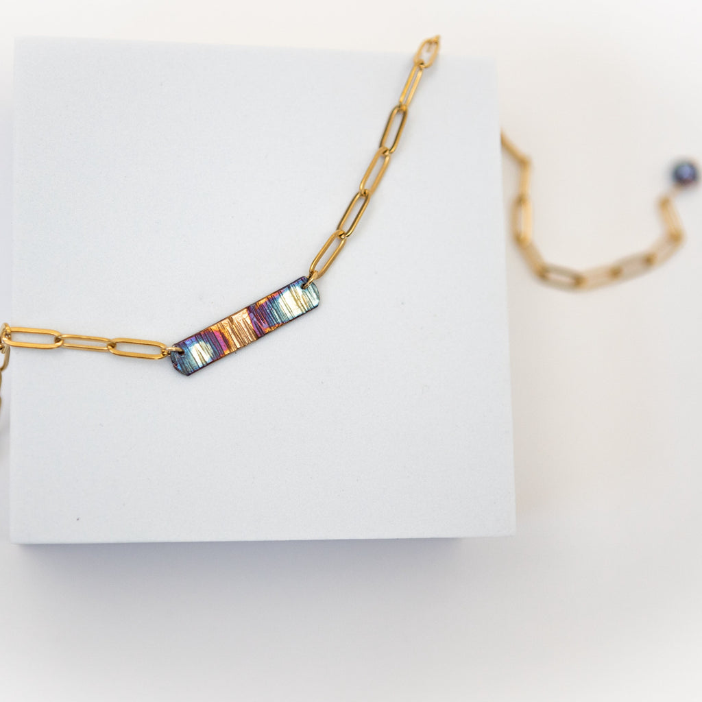 Refined Through Fire Bar Necklace | Repurposed Auto Brake Line | Fire Patina Finish | 18K Gold Plated Chain