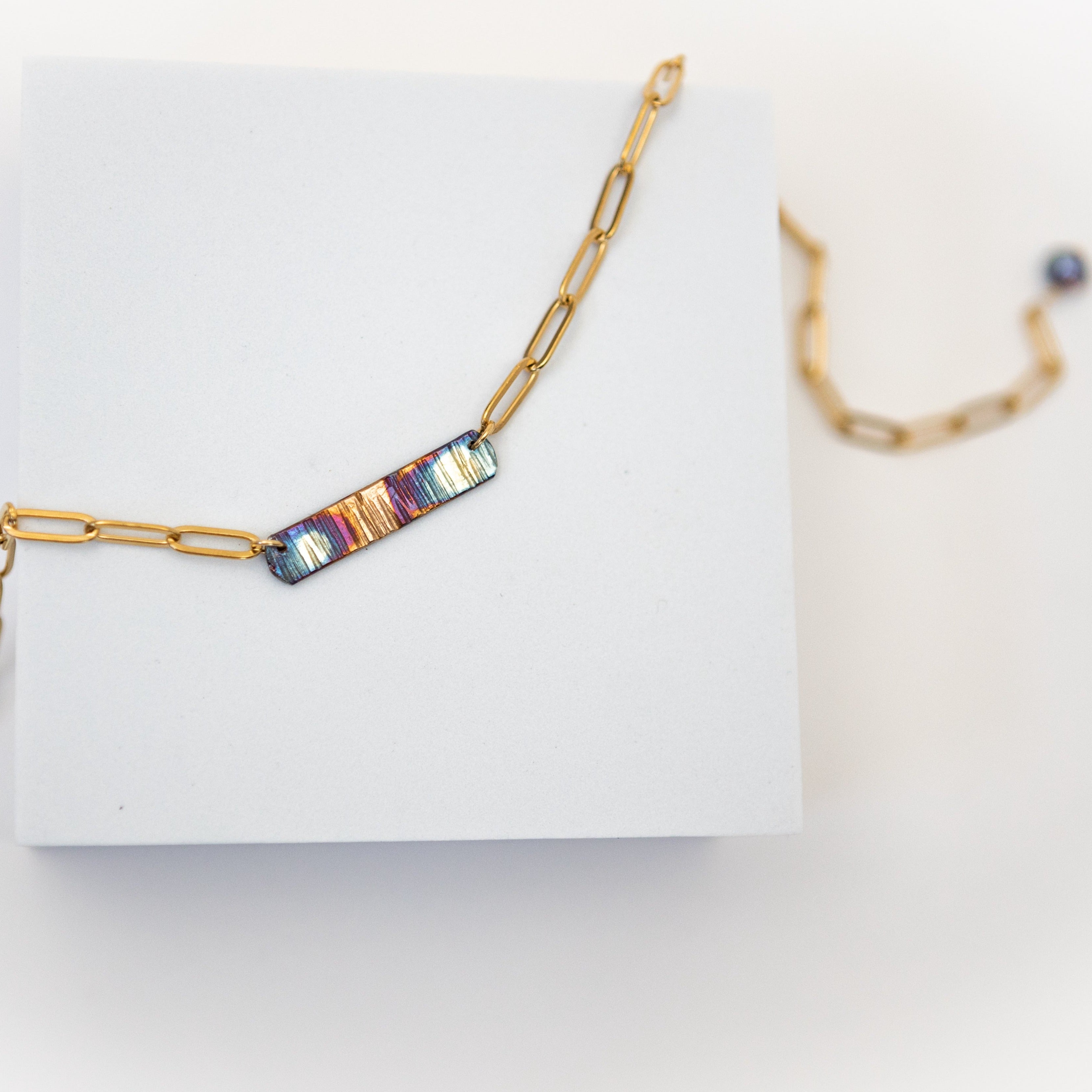 Refined Through Fire Bar Necklace | Repurposed Auto Brake Line | Fire Patina Finish | 18K Gold Plated Chain