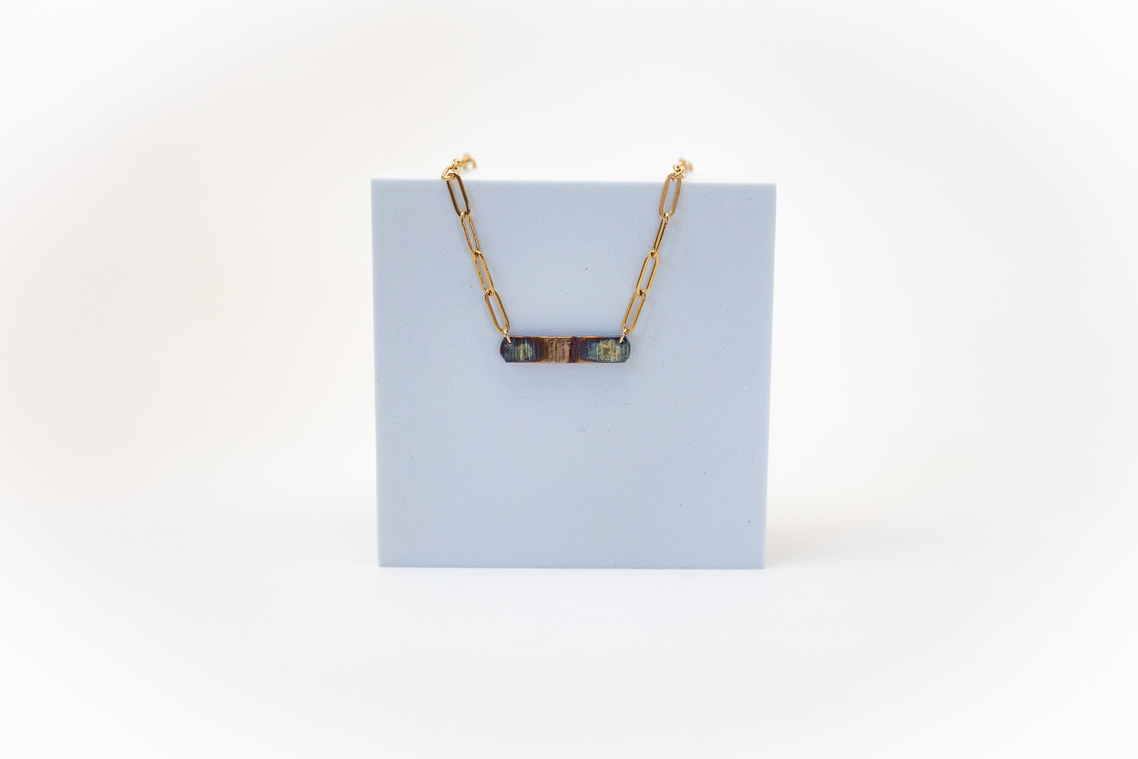 Refined Through Fire Bar Necklace | Repurposed Auto Brake Line | Fire Patina Finish | 18K Gold Plated Chain
