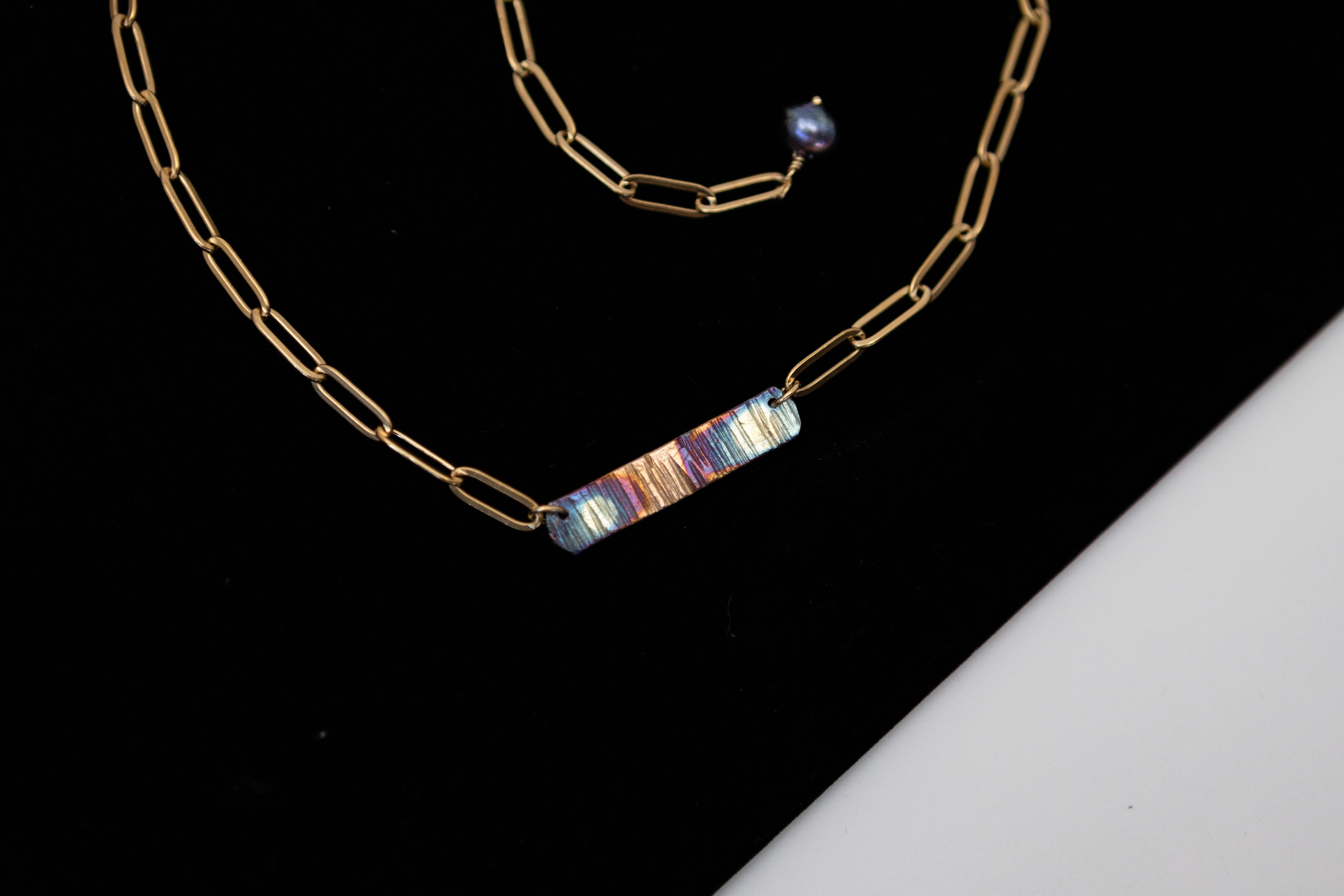 Refined Through Fire Bar Necklace | Repurposed Auto Brake Line | Fire Patina Finish | 18K Gold Plated Chain