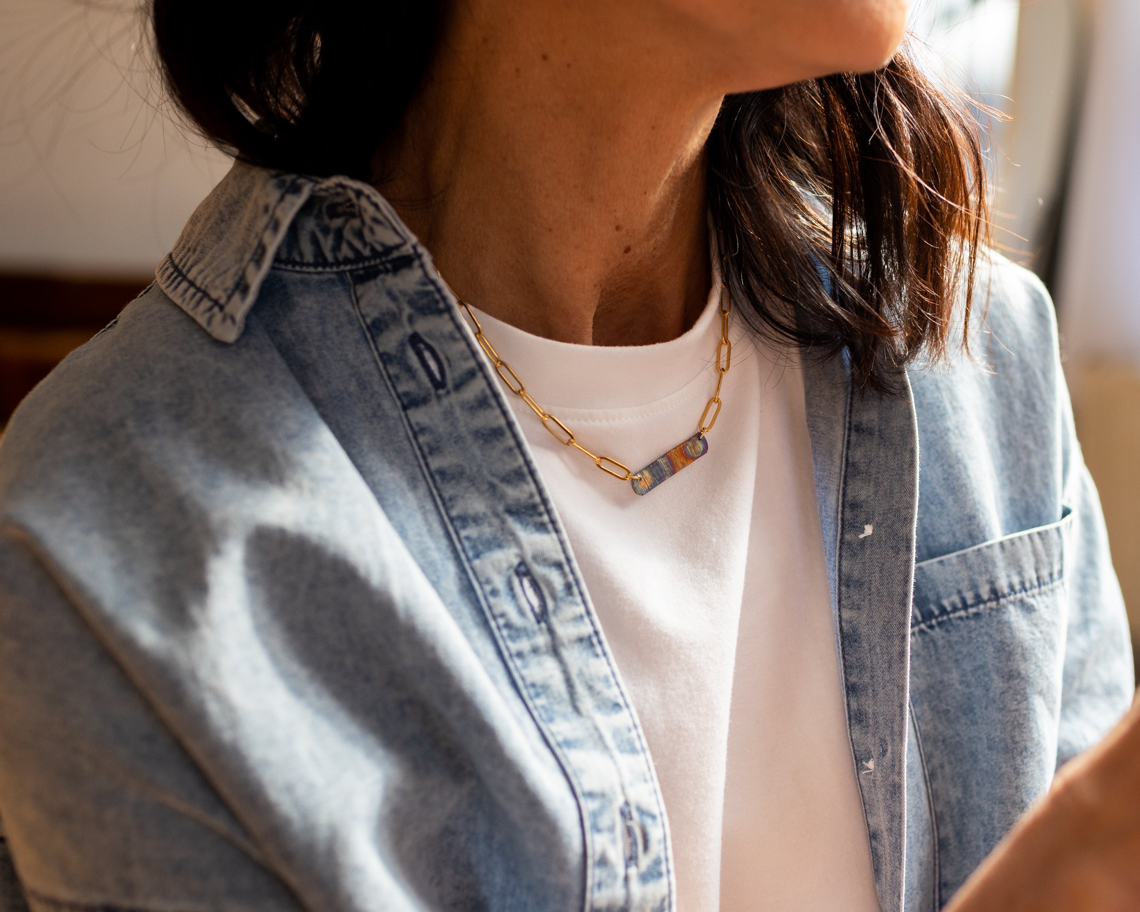 Refined Through Fire Bar Necklace | Repurposed Auto Brake Line | Fire Patina Finish | 18K Gold Plated Chain