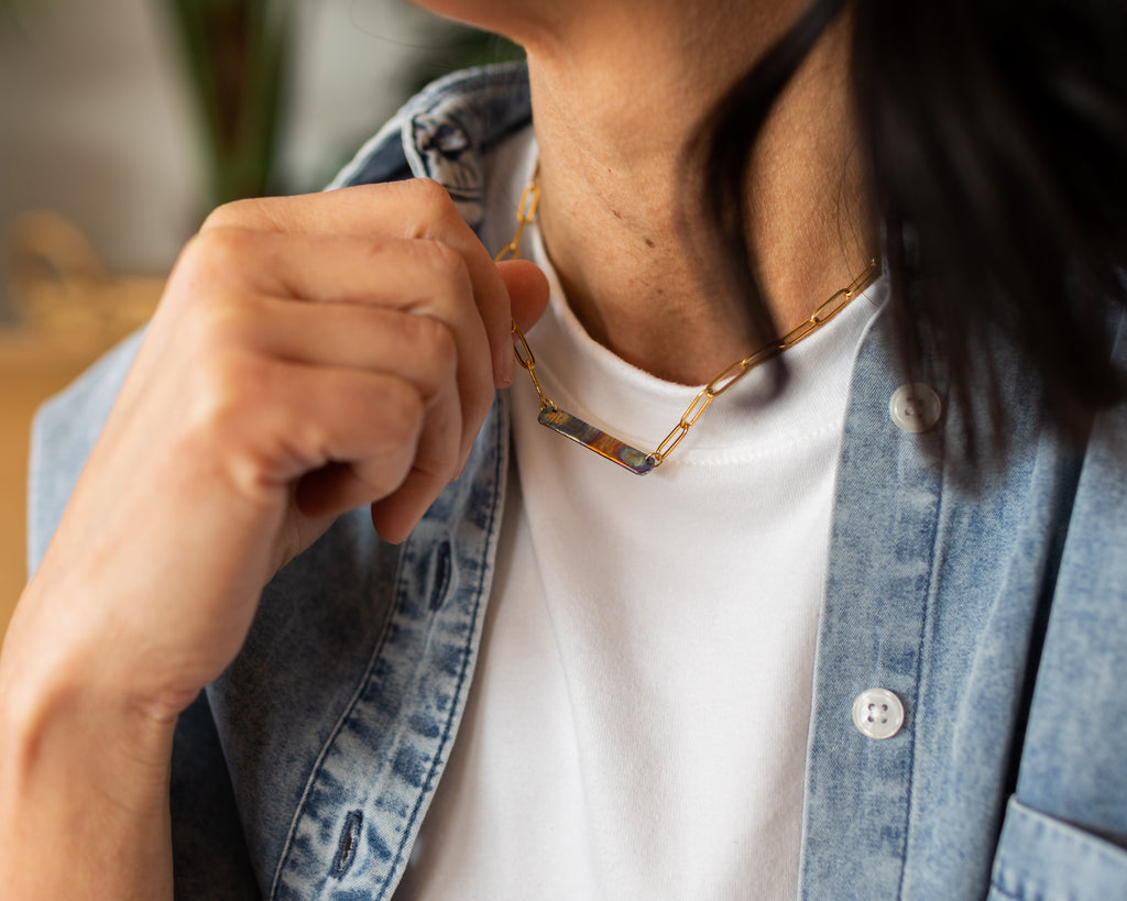 Refined Through Fire Bar Necklace | Repurposed Auto Brake Line | Fire Patina Finish | 18K Gold Plated Chain