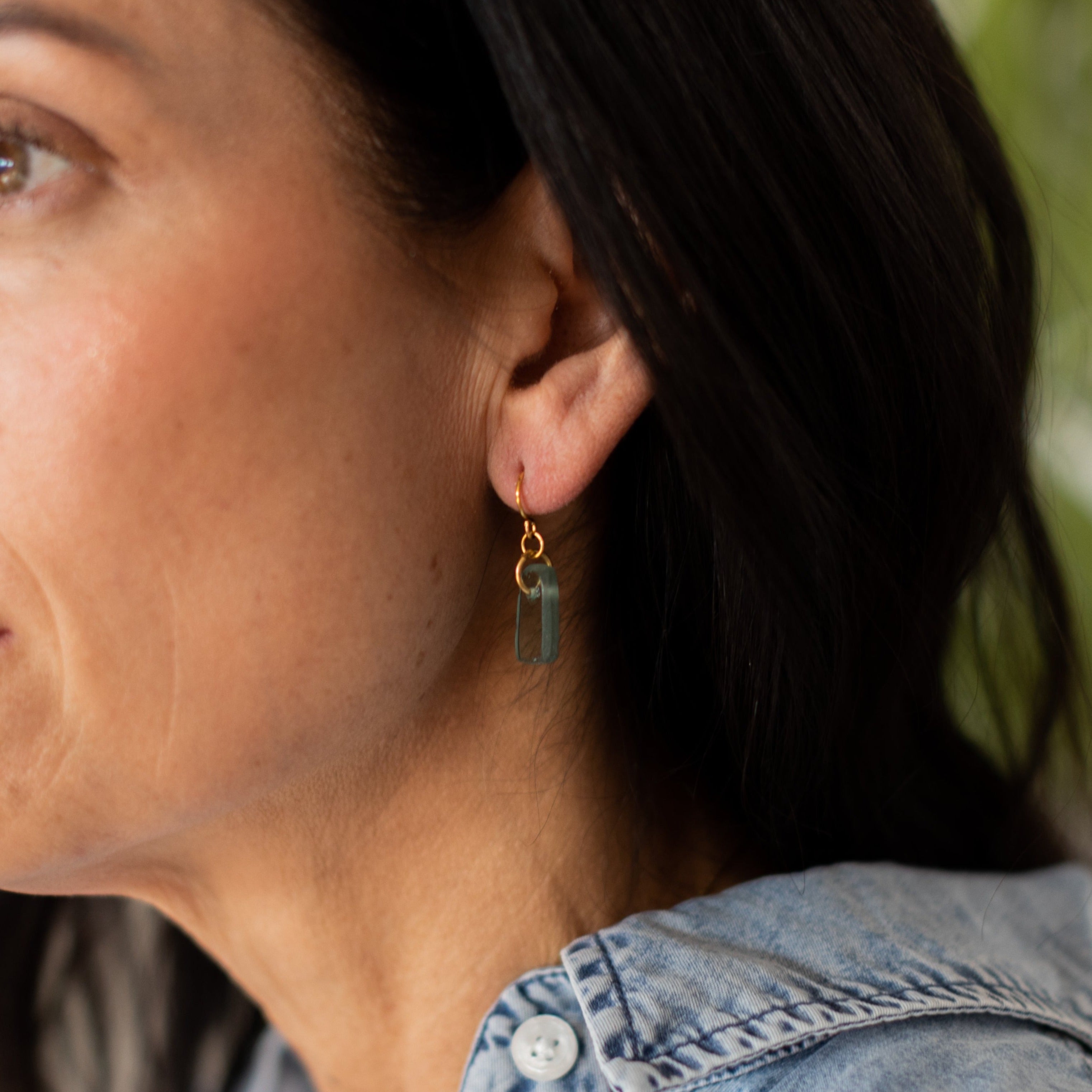 See Me Through Earrings | Repurposed Auto Windshield Glass in Aqua & Black | Gold Plated Ear Wire