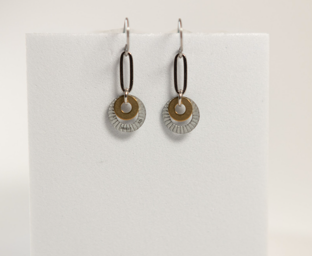 Rise Earrings | Repurposed Automotive Brass & Lock Washers | Stainless Steel Ear Wire